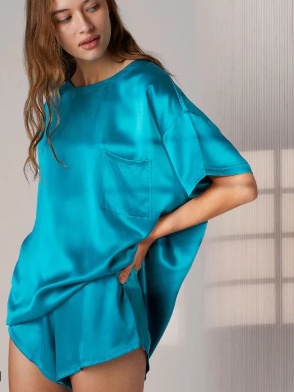Lunya Washable Silk Tee & Short Set — Slope Teal Size Small